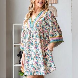 Anthropologie Veveret Floral Boho Embroidered Flowy Casual Short Dress